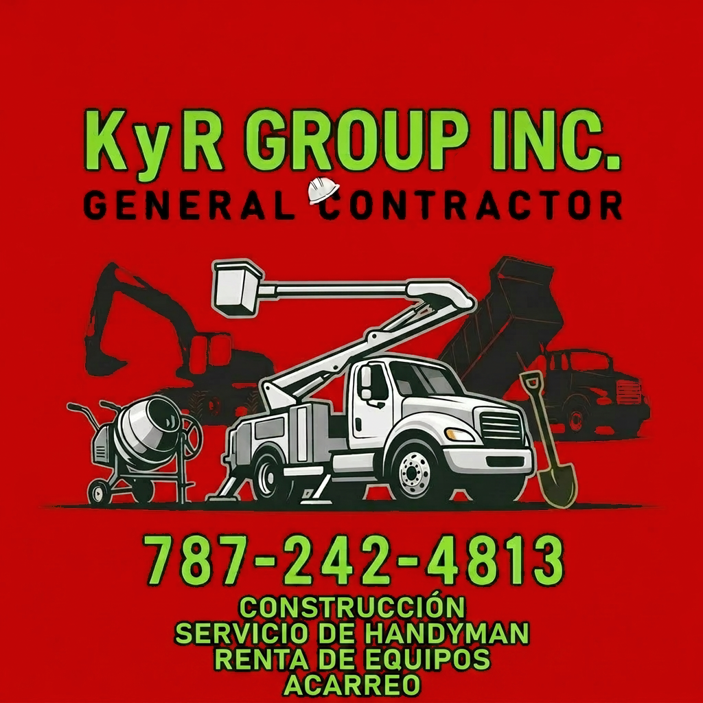 KyR Group Inc. — General Contractor logo con grúa cesta, excavadora y camión de tumba